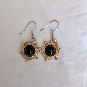 Antiqued Gold and Onyx Drop Earrings